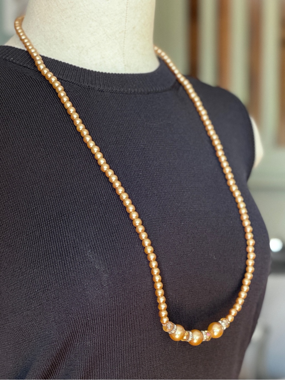 Champagne Gold Faux Pearl Jewelry Set Opera Length 30” Vintage NOS